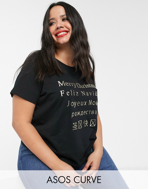 ASOS DESIGN Curve Christmas t-shirt with Merry Christmas translation in foil print