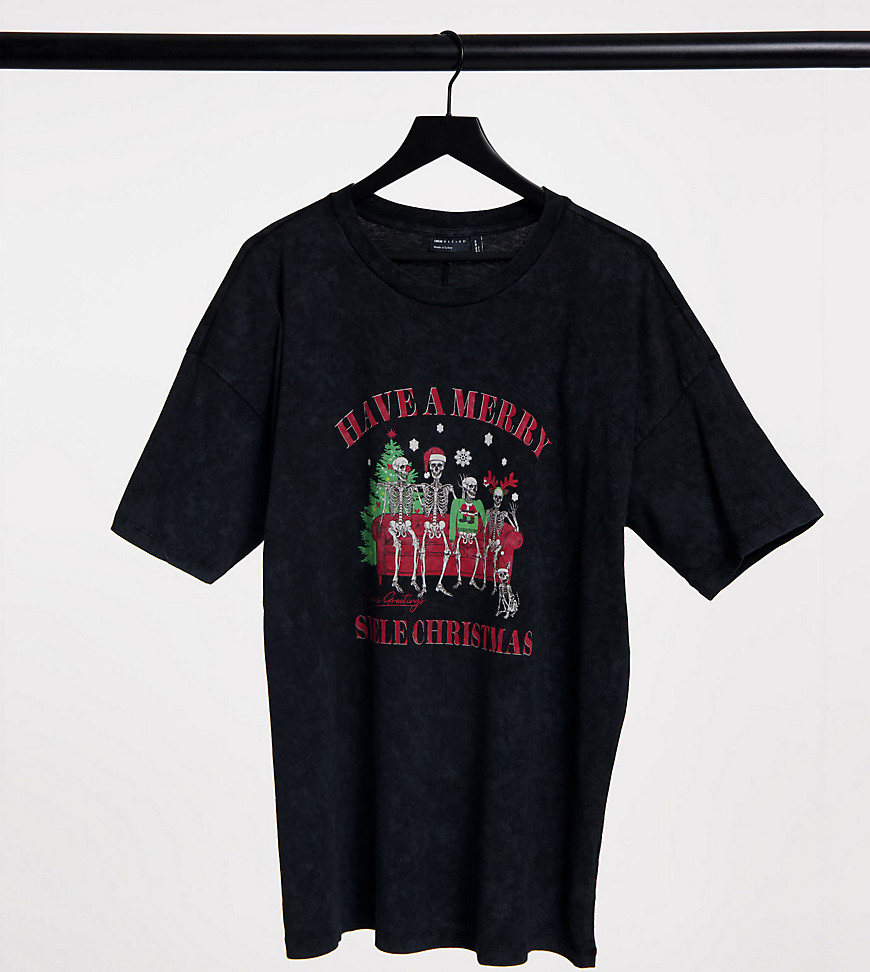 ASOS DESIGN Curve Christmas T-shirt with skeleton family Christmas motif in washed black-Grey