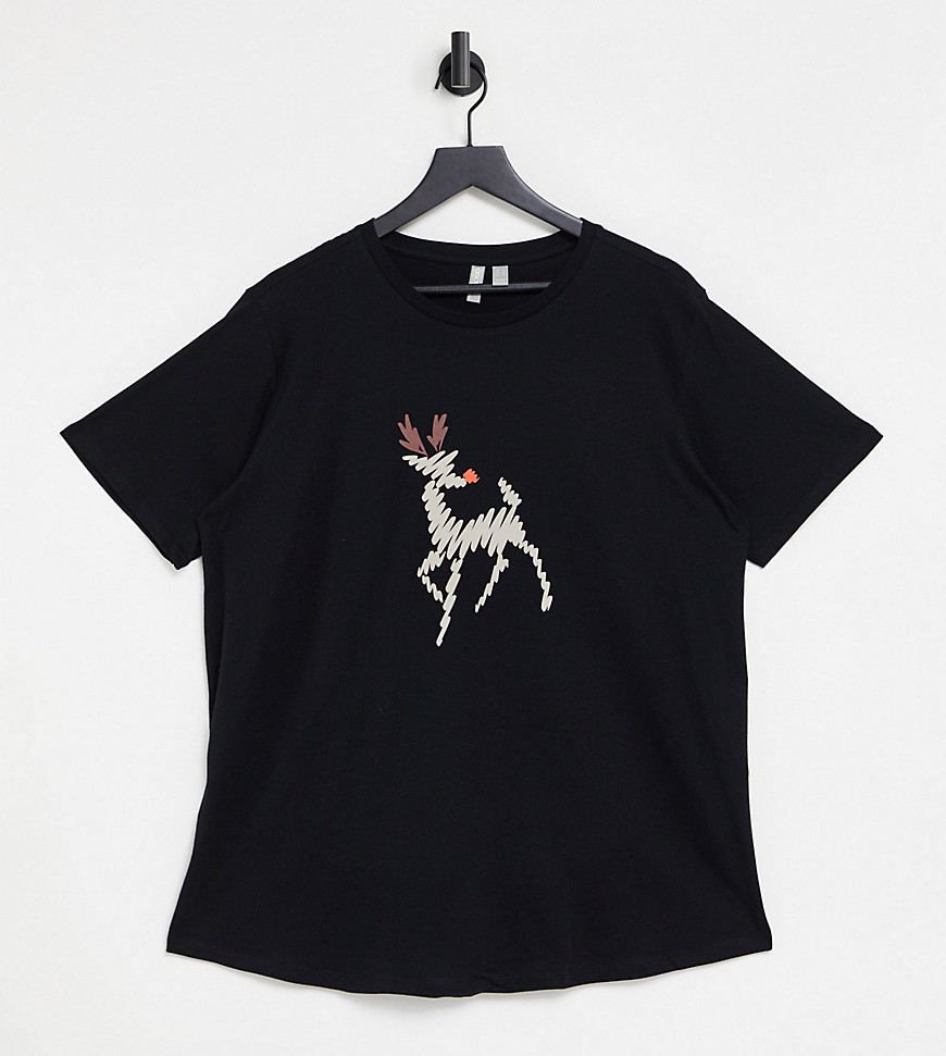 ASOS DESIGN Curve christmas t-shirt with sketchy reindeer in black