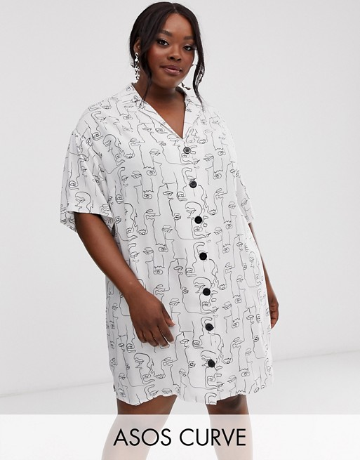 ASOS DESIGN Curve chuck on mini shirt dress in abstract face print