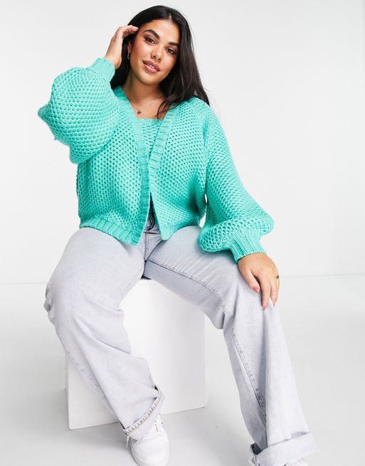 ASOS DESIGN Curve chunky cardigan in waffle stitch in green - part