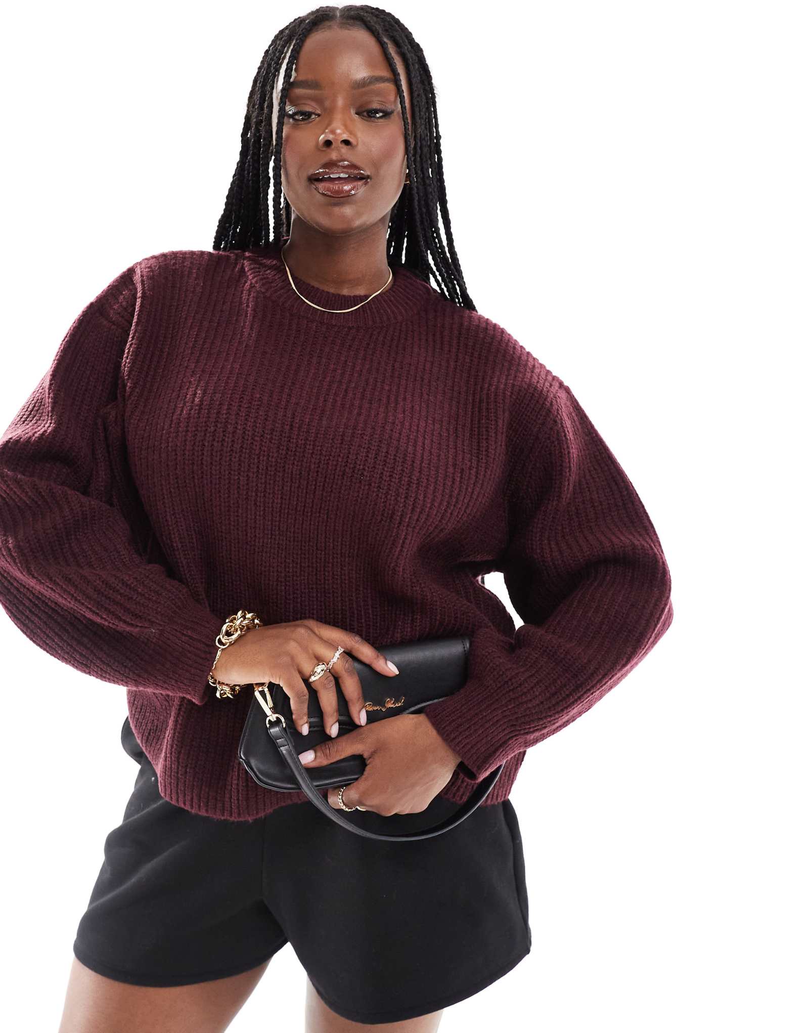 Облегающий свитер ASOS DESIGN Curve с круглым вырезом в рубчик бордового цвета 4990₽