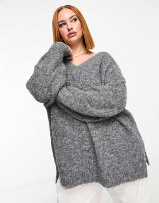 Asos Curve Asos Design Curve Chunky Oversized V Neck Sweater In Brushed Yarn In Gray