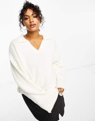 ASOS DESIGN Curve chunky sweater with open collar in cream-White