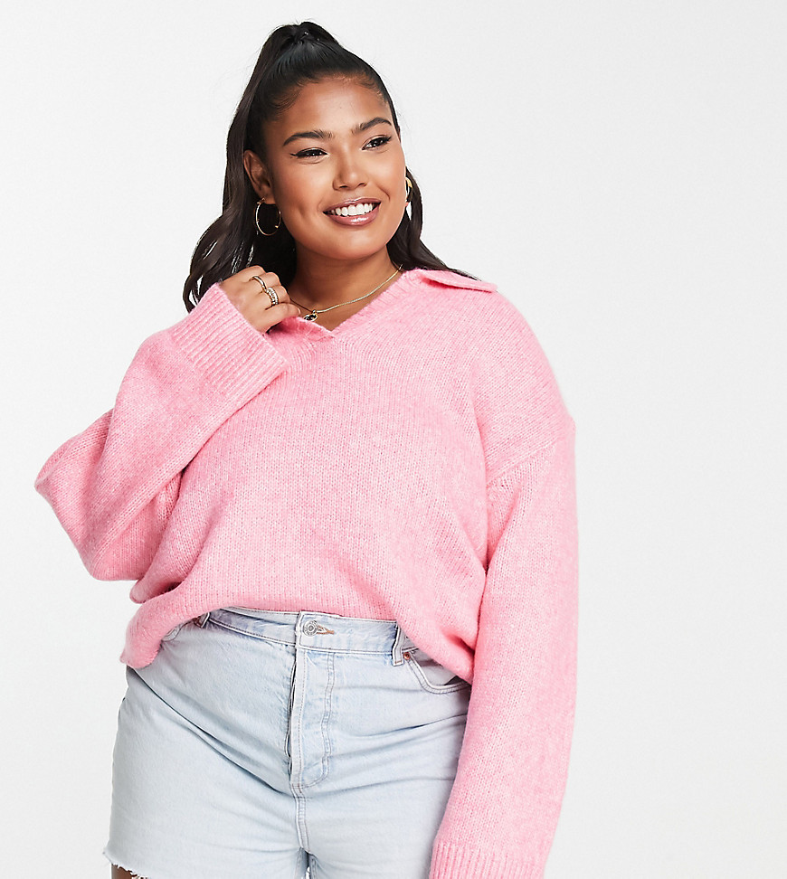 ASOS DESIGN Curve chunky sweater with open collar in pink