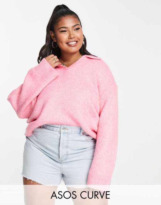 ASOS DESIGN Curve chunky sweater with open collar in pink