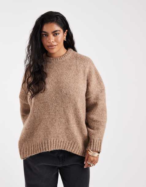 ASOS DESIGN Curve oversized crew neck jumper with curved hem in dark beige