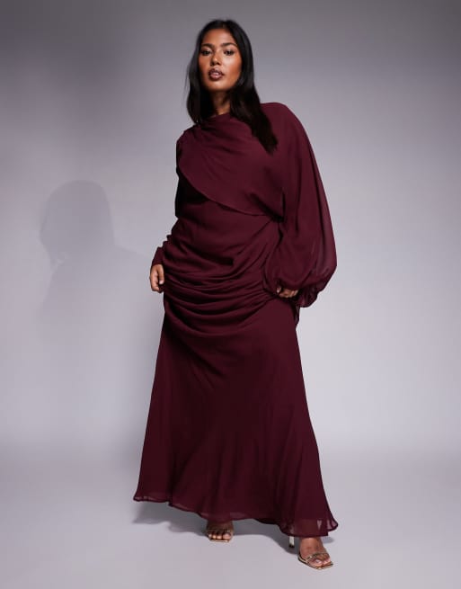 ASOS DESIGN Curve – Ciemnoczerwona sukienka maxi z obszernymi rękawami z obcisłym mankietem i drapowaniem z przodu