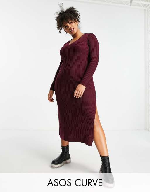 ASOS DESIGN Curve – Ciemnoczerwona sukienka z prążkowanej dzianiny z dekoltem w szpic