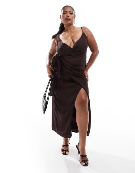 ASOS DESIGN Curve cami strap drape tuck detail midi dress in Aubergine