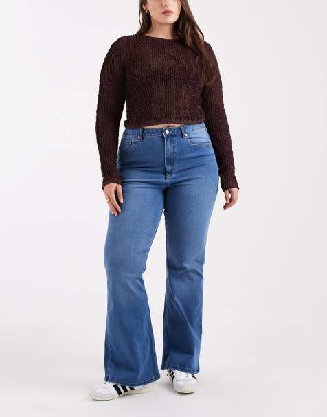 ASOS DESIGN Curve power stretch sculpt flare jeans in dark mid blue