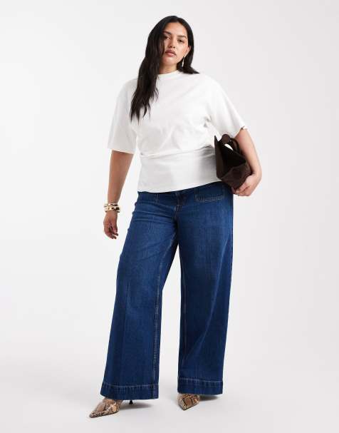 ASOS DESIGN Curve high waist wide leg jeans with front pockets in dark wash 