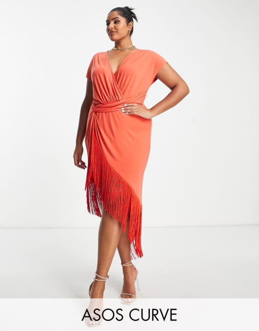 ASOS DESIGN Curve – Ciemnopomarańczowa kopertowa sukienka midi z frędzlami