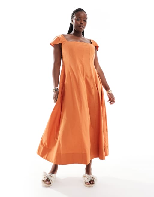 ASOS DESIGN Curve – Ciemnopomarańczowa sukienka tenisowa maxi z krótkimi rękawkami i ozdobnym szwem