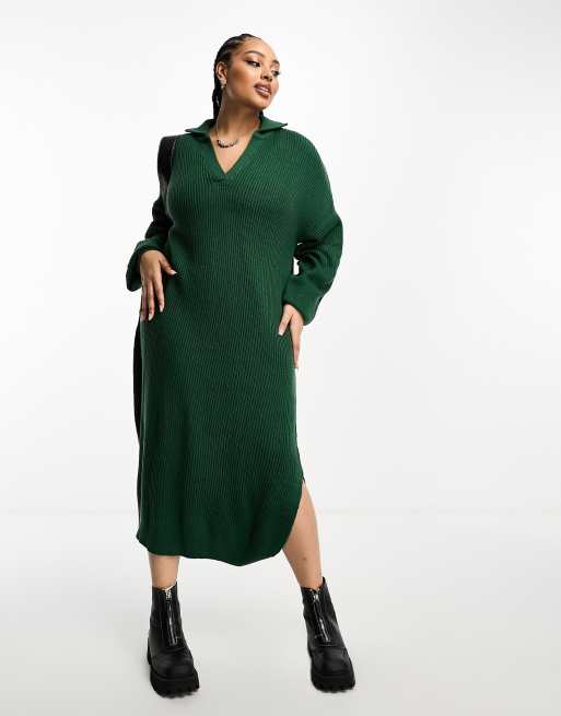 ASOS DESIGN Curve – Ciemnozielona dzianinowa sukienka maxi z otwartym kołnierzem