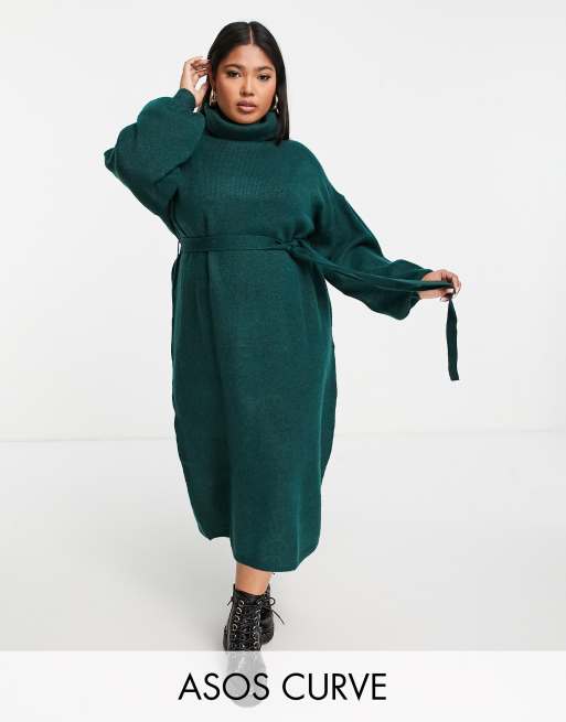ASOS DESIGN Curve – Ciemnozielona wiązana w talii dzianinowa sukienka midi z odwijanym golfem