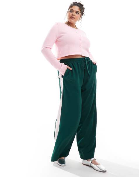 ASOS DESIGN Curve – Ciemnozielone wciągane spodnie z kontrastowymi lampasami - view 1