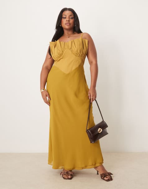 ASOS DESIGN Curve – Cięta ze skosu gorsetowa sukienka midaxi z różnych materiałów w kolorze ochry - view 1