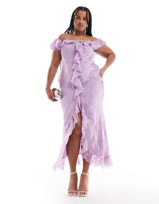 ASOS DESIGN Curve – Cięta ze skosu liliowa sukienka maxi z dekoltem bardot i falbankami w żakardowy kwiatowy wzór