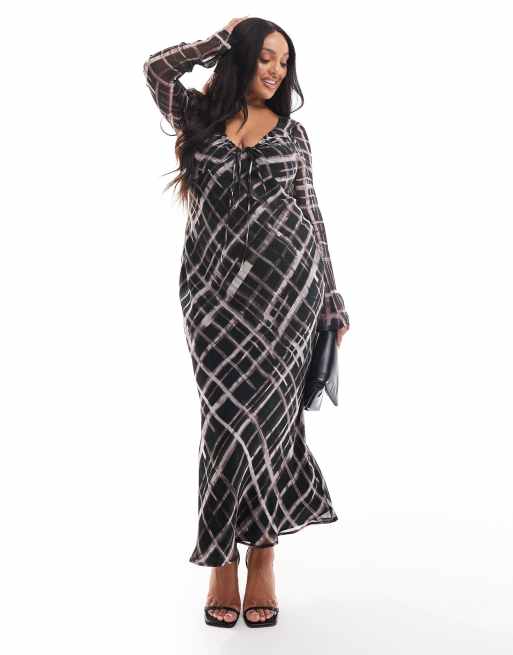 ASOS DESIGN Curve – Cięta ze skosu sukienka midi z wiązaniem przy dekolcie, w kratę