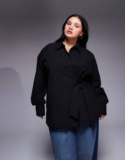 ASOS DESIGN Curve cinch overwrap bow detail oversized shirt in black - view 1