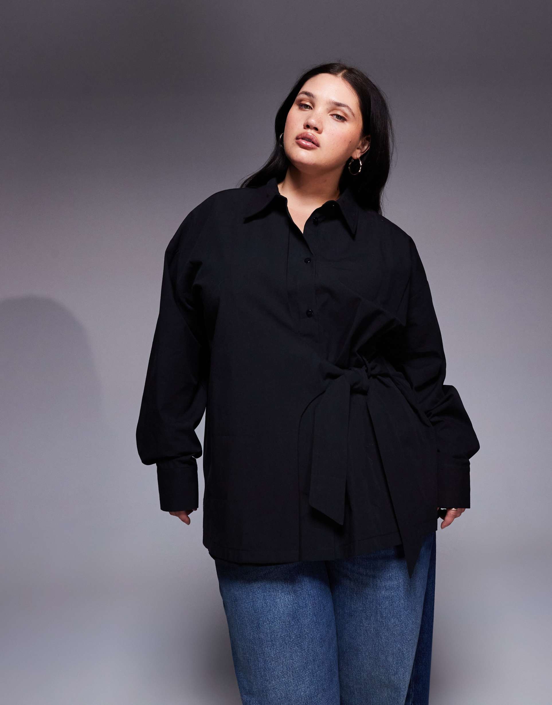 asos design curve cinch overwrap bow detail oversized shirt in black
