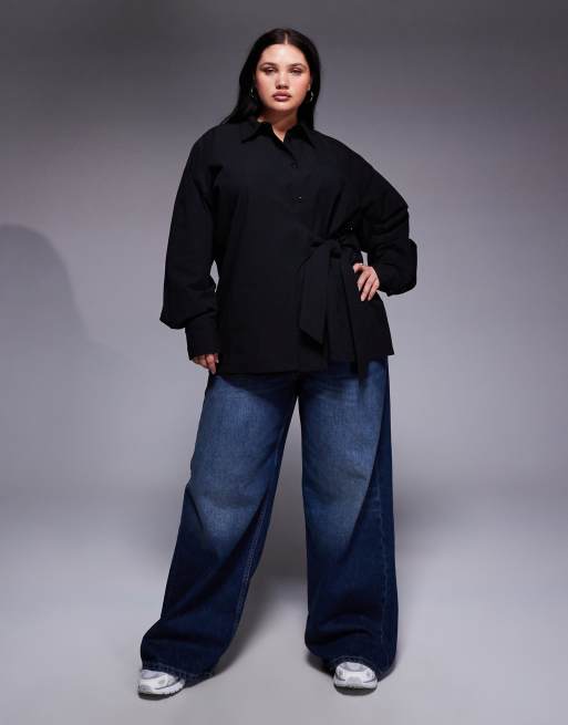ASOS DESIGN Curve cinch overwrap bow detail oversized shirt in black, 2 of 4