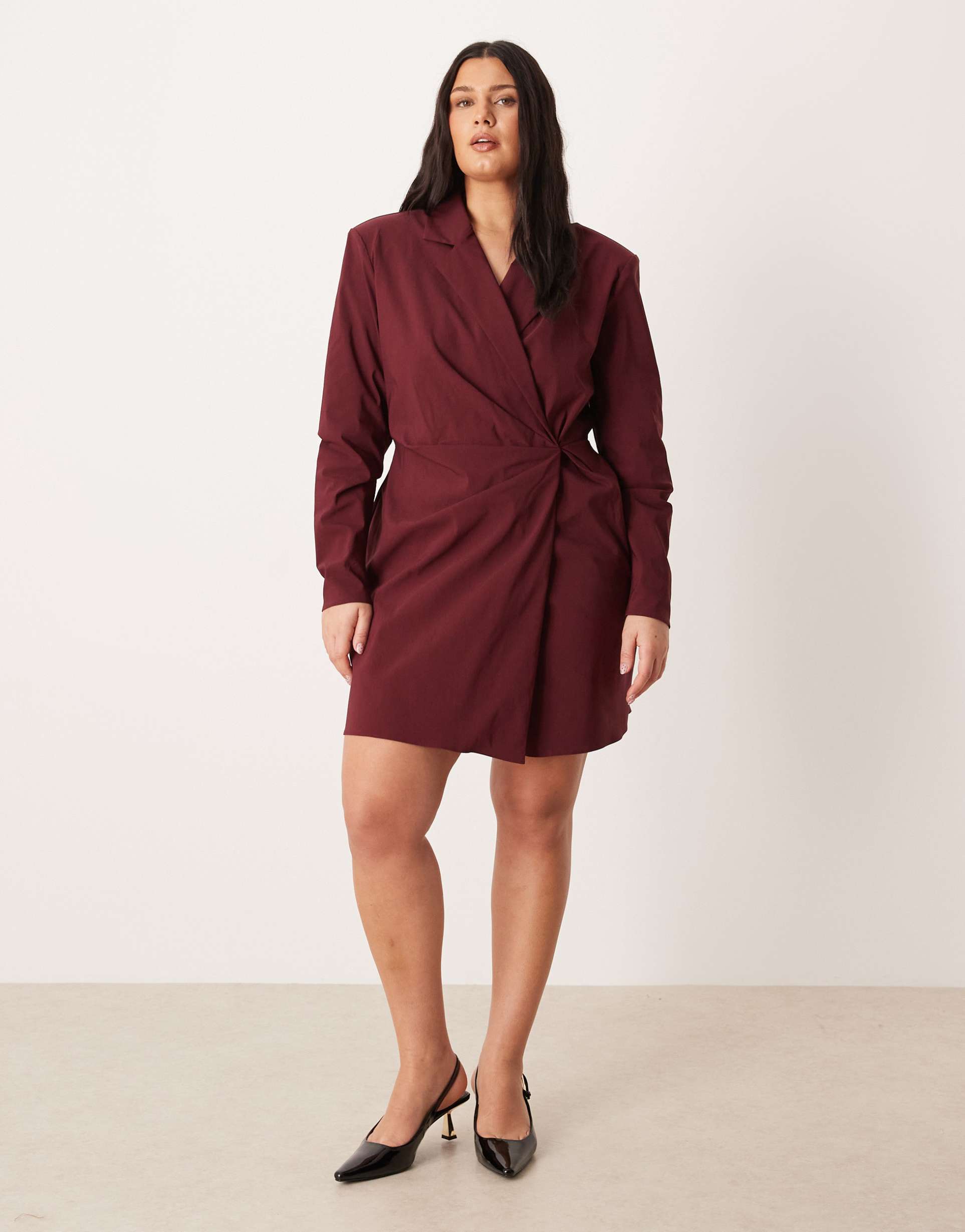 asos design curve cinched blazer mini dress in deep burgundy