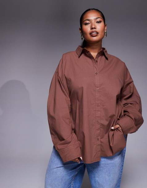 ASOS DESIGN Curve cinched button detail shirt in brown - view 1