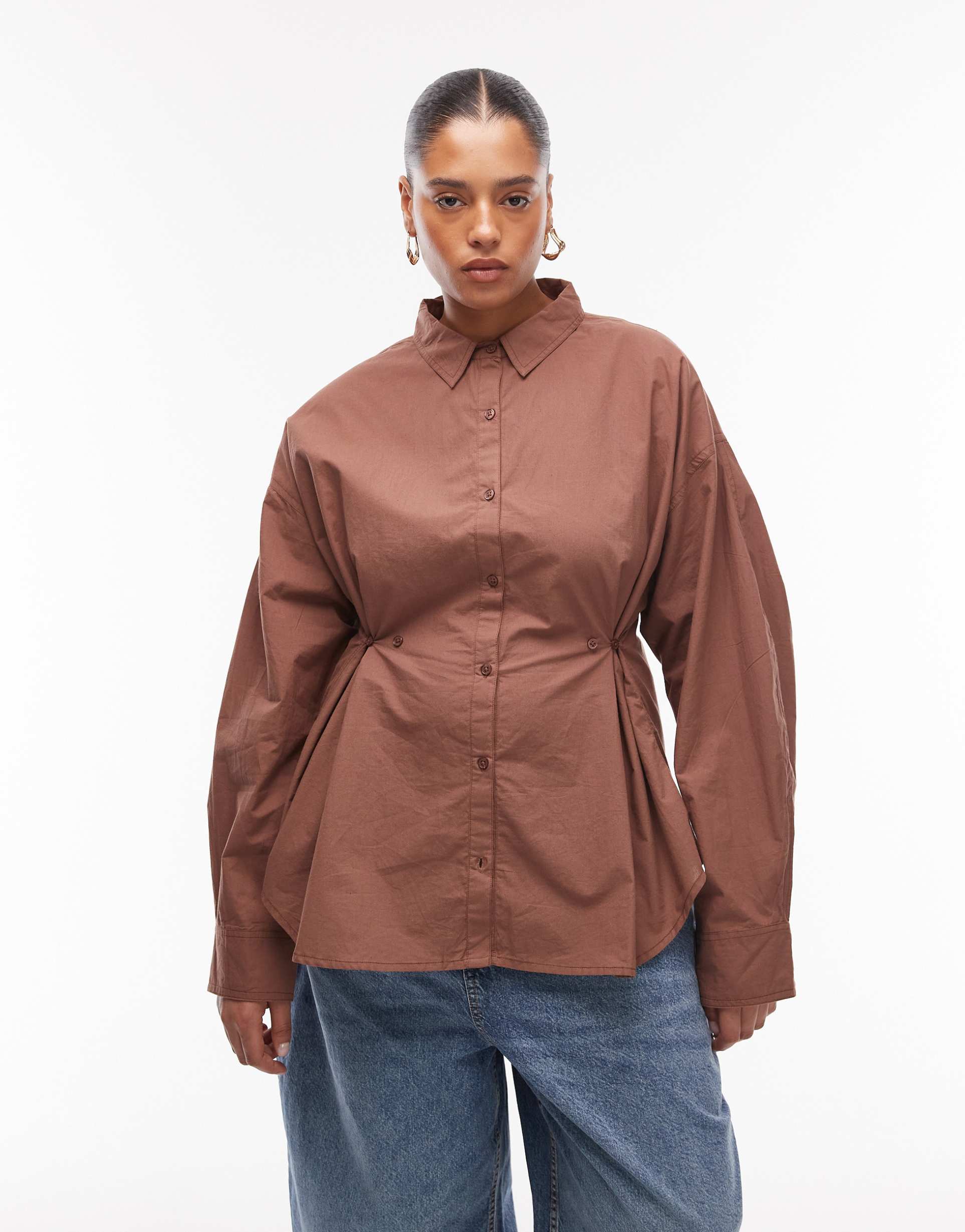 asos design curve cinched button detail shirt in brown