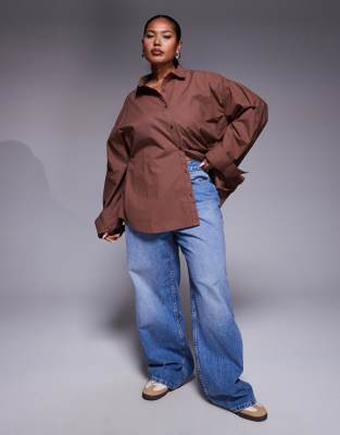 Asos Curve Asos Design Curve Cinched Button Detail Shirt In Brown