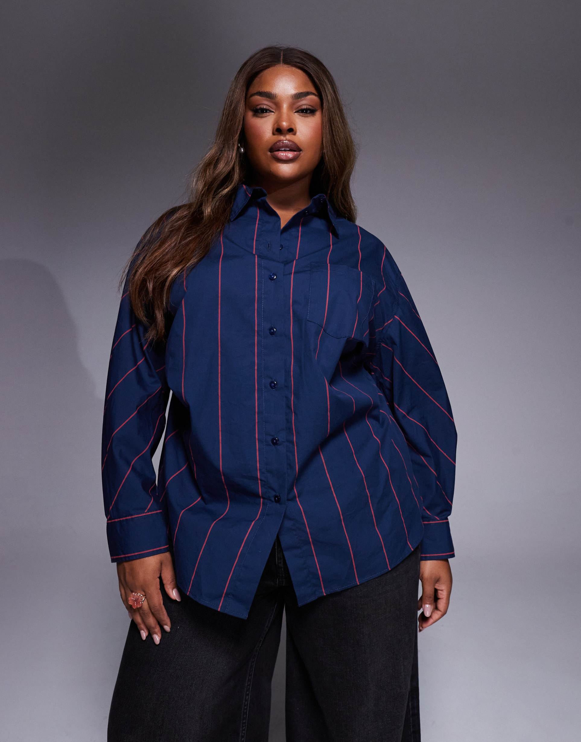 asos design curve cinched detail oversized shirt in red and blue stripes