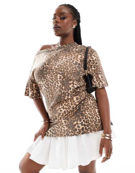 ASOS DESIGN Curve cinched in slash neck one shoulder top in leopard print - view 1