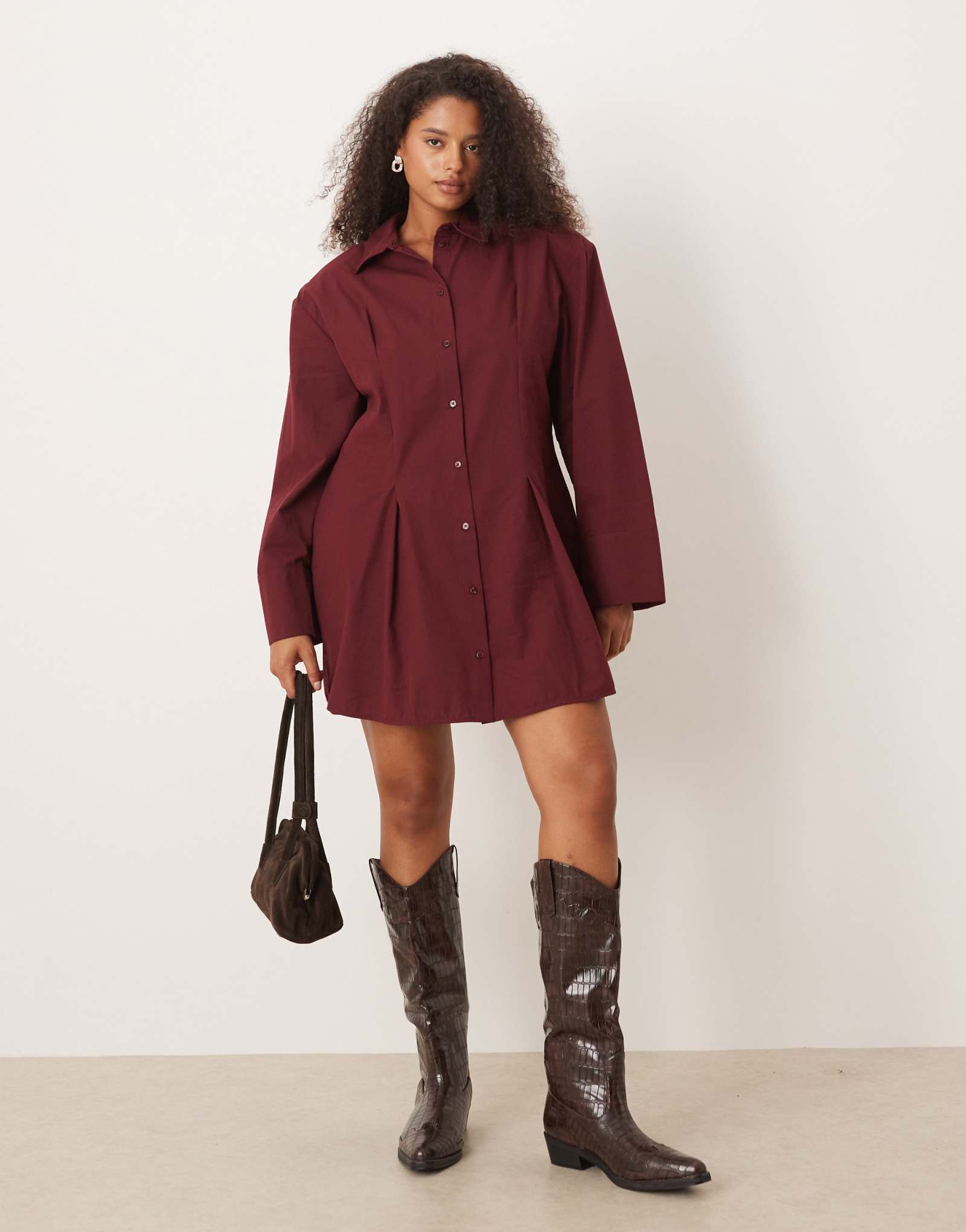 Мини-платье-рубашка ASOS DESIGN с округлыми бретельками на плечах бордового цвета