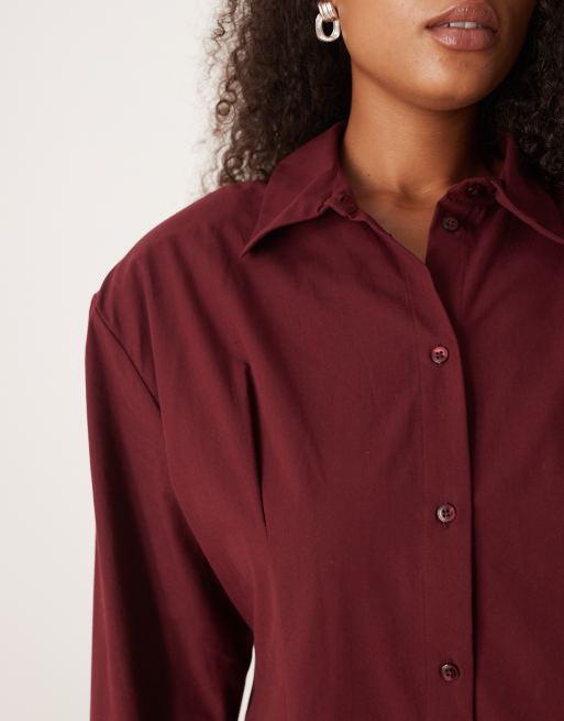 ASOS DESIGN Curve cinched shoulder pad shirt mini dress in burgundy, 2 of 4