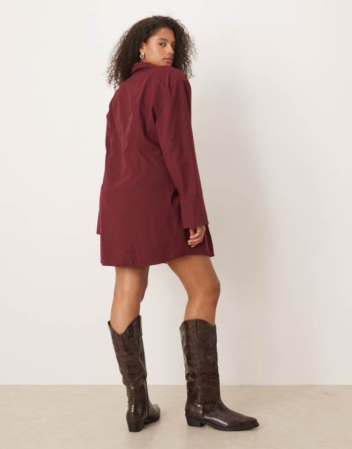ASOS DESIGN Curve cinched shoulder pad shirt mini dress in burgundy, 4 of 4