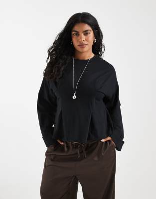 Asos Curve Asos Design Curve Cinched Waist Deep Cuff Long Sleeve Tee In Black