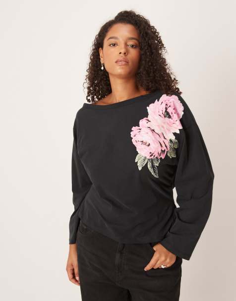 ASOS DESIGN Curve cinched waist slash neck top in black with flower graphic - view 1