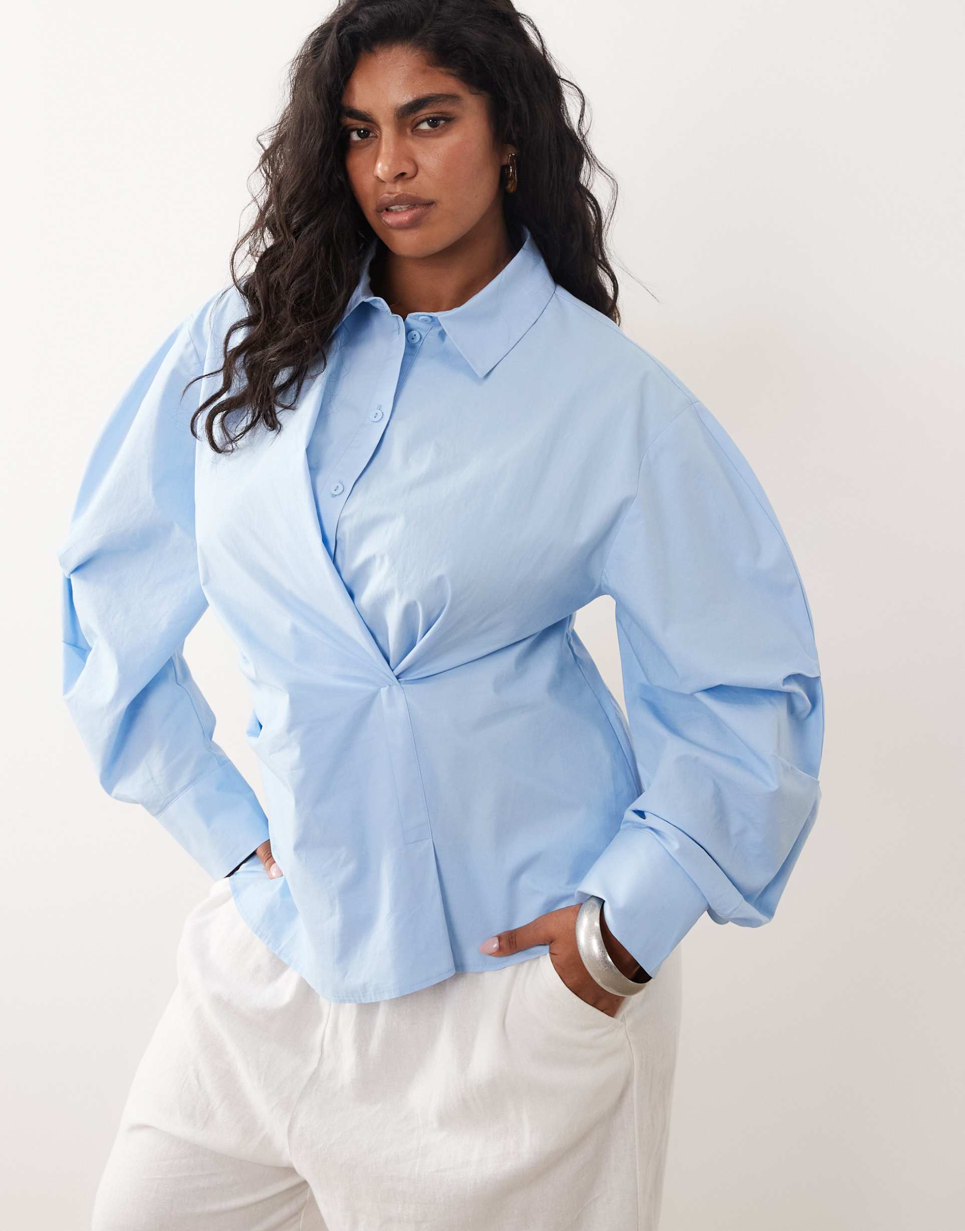 asos design curve cinched wrap cocoon sleeve shirt in blue