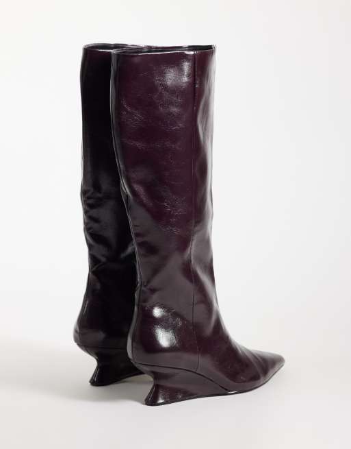 ASOS DESIGN Curve Cinder wedge pull on knee boots in burgundy, 4 of 4