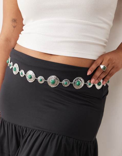 ASOS DESIGN Curve - Cintura a catenina per vita e fianchi tonalità argento con pietre verdi - view 1