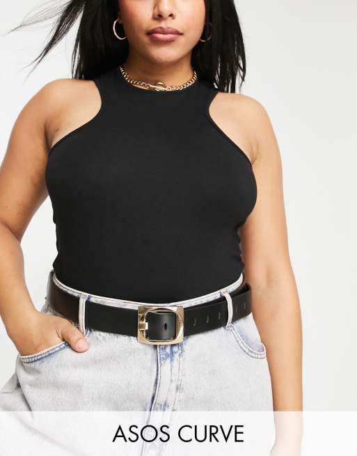 ASOS DESIGN Curve - Cintura nera con fibbia spessa color oro