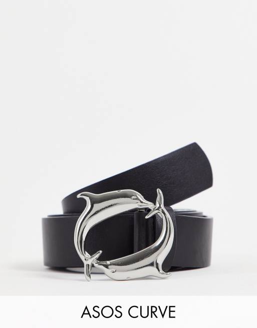 ASOS DESIGN Curve - Cintura per jeans per vita e fianchi con fibbia ovale con delfini, colore nero