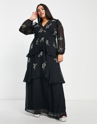 ASOS DESIGN Curve circle trim maxi dress with floral embellishment in black