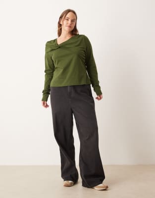 Asos Design Curve Circular Design Collection Twist Neck Detail Long Sleeve Tee In Green