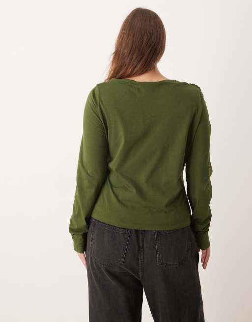 ASOS DESIGN Curve Circular Design Collection twist neck detail long sleeve tee in dark olive, 4 of 4