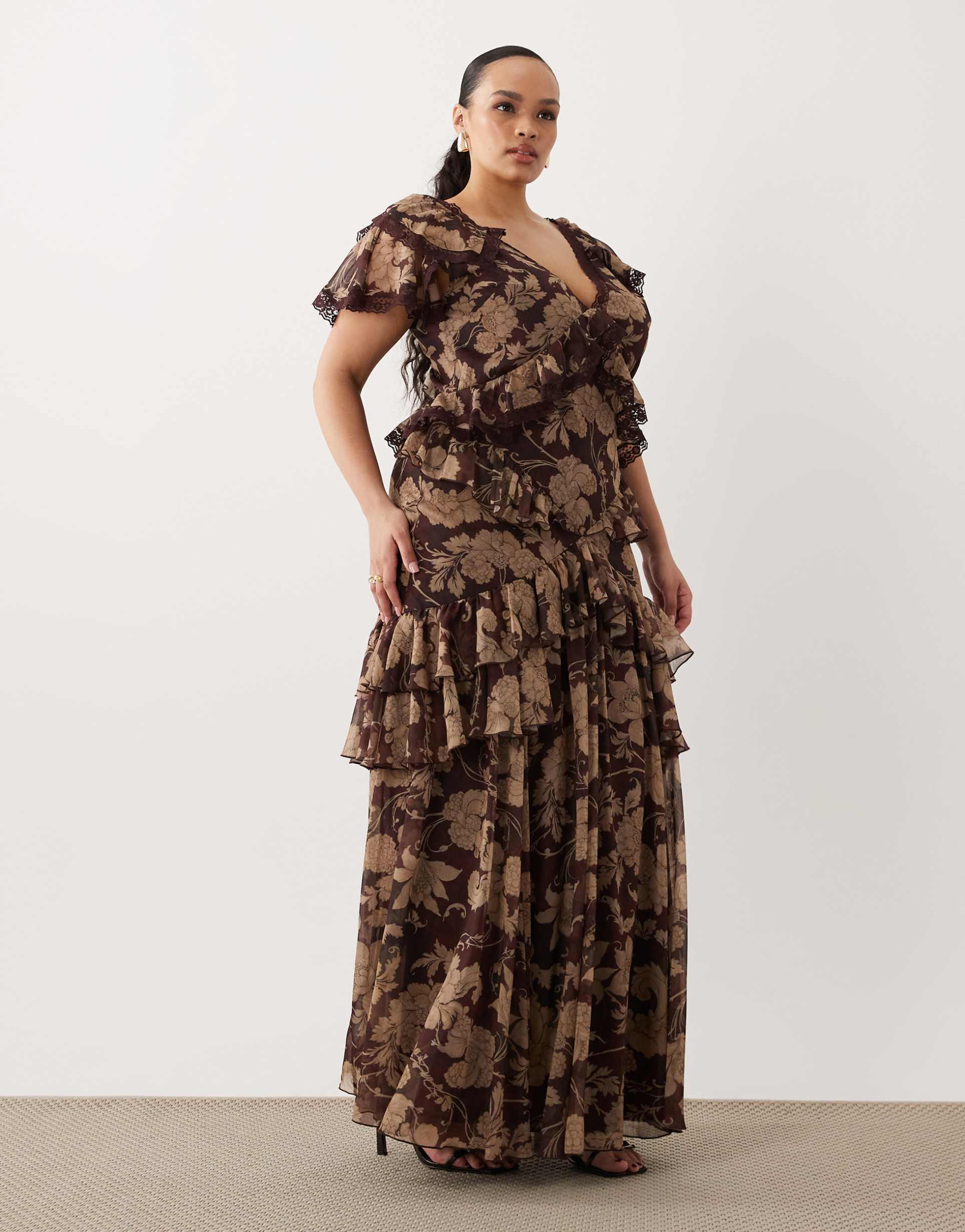 asos design curve circular ruffle maxi dress with trim detail and open back in brown floral