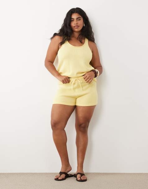 ASOS DESIGN Curve - Citrongule shorts i strik af bomuldsblanding - Del af sæt - view 1