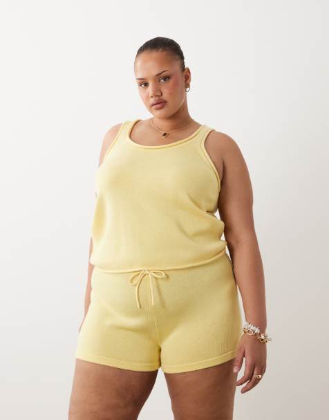 ASOS DESIGN Curve – Citrongult linne i bomullsmix med u-formad urringning, del av set - view 1