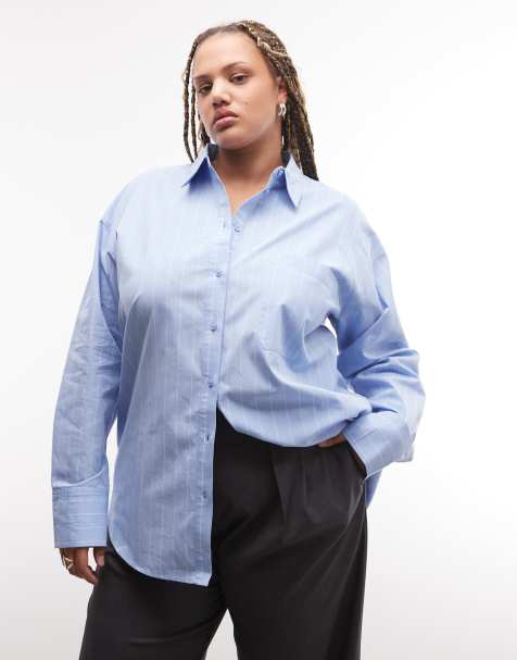 ASOS DESIGN Curve classic cotton shirt in blue stripe - view 1